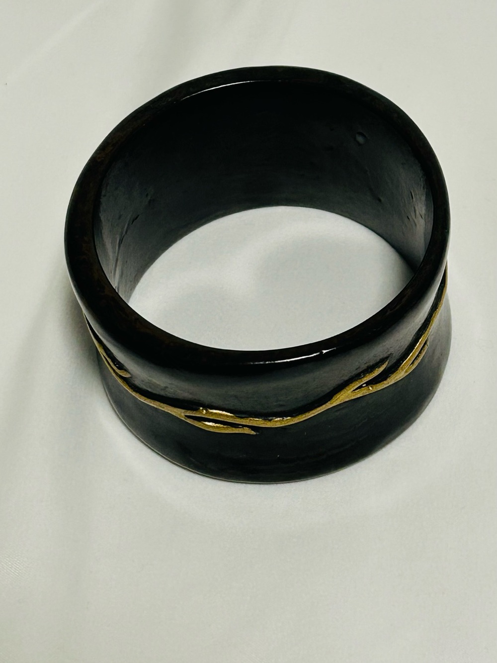 Black and Gold Wide Wood Carved Bangle Bracelet